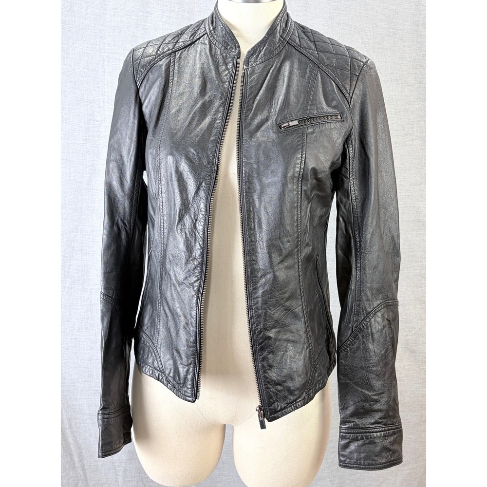 Lamarque Collection Black Leather Moto Jacket Quilted Zip Buttery Soft Women's M
